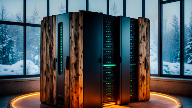 High-Performance-Server-Rack mit Holzverkleidung &ndash; Eco-Friendly Data Center Concept