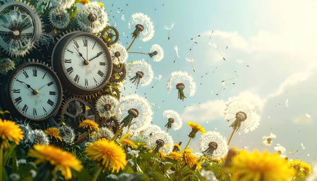 Vintage clocks among floating dandelion seeds in sunlight.