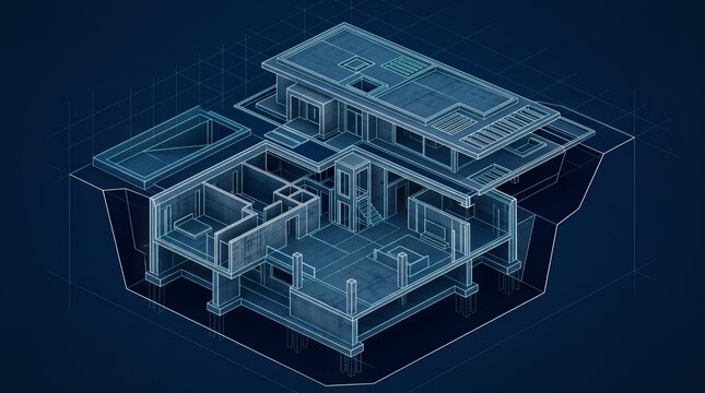 Isometric architectural blueprint of a modern house