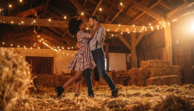 Couple dancing in rustic barn with warm lights