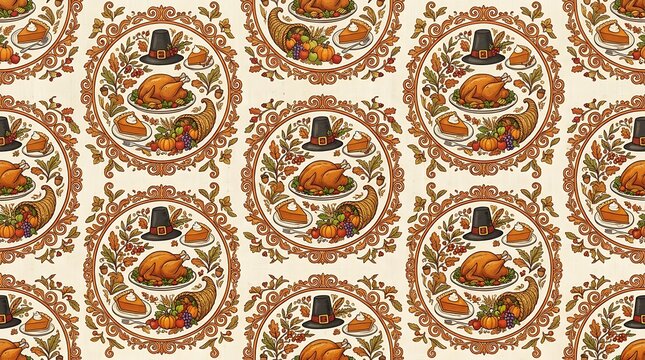 Thanksgiving seamless pattern with turkey, cornucopia, and pie