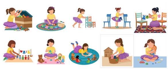 Fototapeta premium Collection of flat vector illustrations featuring a little girl engaged in various daily activities, household chores, playing with toys, and reading books