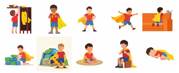 Fototapeta premium Set of cute little boy playing as a superhero wearing a yellow cape, child pretending to be a hero character vector illustration