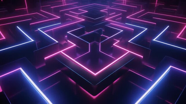 Abstract Neon Maze Labyrinth Geometric Pattern with Purple and Blue Lights