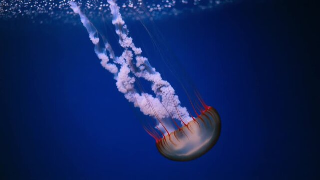 Jellyfish Swimming Underwater in Deep Blue Sea with Bioluminescent Tentacles