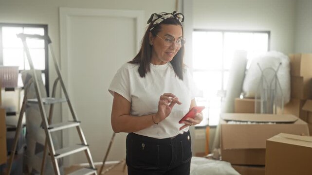 Woman holding a red smartphone taps screen and gives a small fist pump surrounded by packed cardboard boxes, ladder and packing materials in a building; joy.