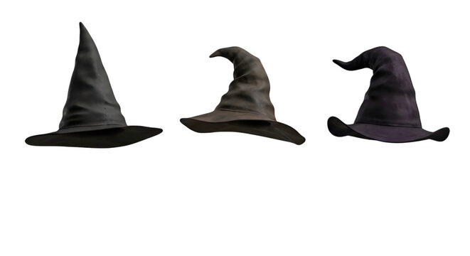 Three black witch hats with pointed tops isolated on transparent background