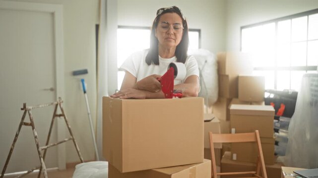 Woman packing cardboard boxes, hands holding tape dispenser while sealing a box in a building; home transition serenity.