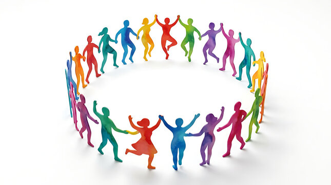 Circle of diverse colorful paper cut-out people holding hands representing unity and community with circle of friends