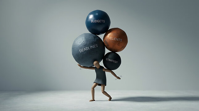 A small figure balancing multiple heavy colorful spheres on their back with balancing act symbolic weight career stres