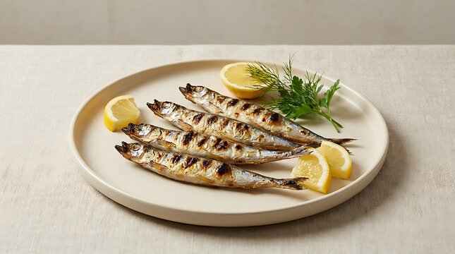Four grilled whole shishamo smelt fish served on a minimalist ceramic plate with fresh lemon wedges and green dill garnish for a healthy seafood meal