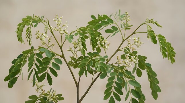 Vibrant green branches of a Shisham tree featuring delicate pinnate foliage and small white blossoms against a neutral background for nature design