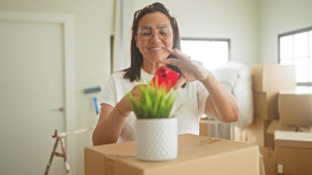 Woman holding smartphone and smiling while photographing a potted plant on moving boxes in a building; new home joy.