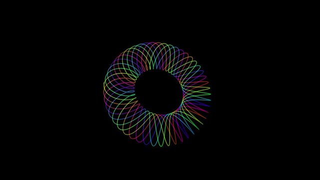 Rainbow geometric torus animation. Colorful spirograph line art on black background. Abstract neon spiral motion graphics for VJ loops.