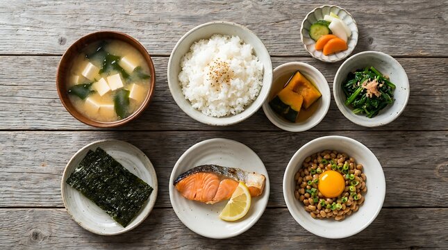 Traditional Japanese Breakfast Set Featuring Grilled Salmon, Miso Soup, Steamed Rice, Natto with Egg, and Assorted Side Dishes on Wooden Table