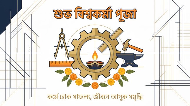 Happy Vishwakarma Puja celebration with diverse tools and Bengali text on blueprint background.