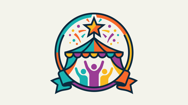 Colorful carnival tent logo with cheering people and star emblem.