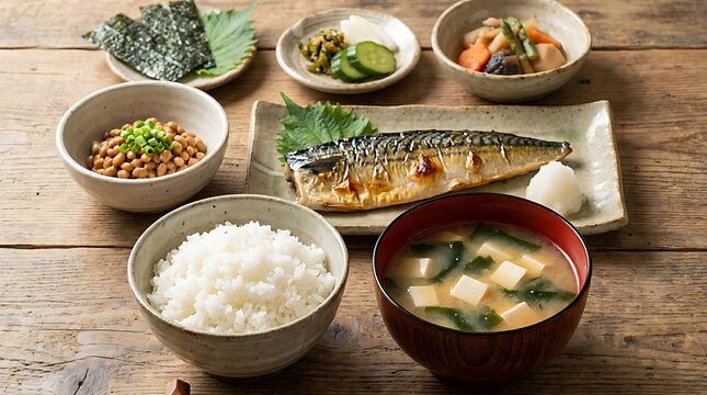 Traditional Japanese breakfast set featuring grilled mackerel, steamed white rice, tofu miso soup, natto, seaweed, and pickles on wooden table