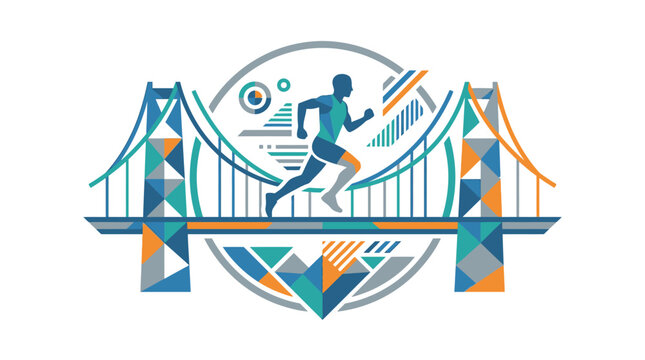 Abstract geometric runner crossing a stylized suspension bridge logo.