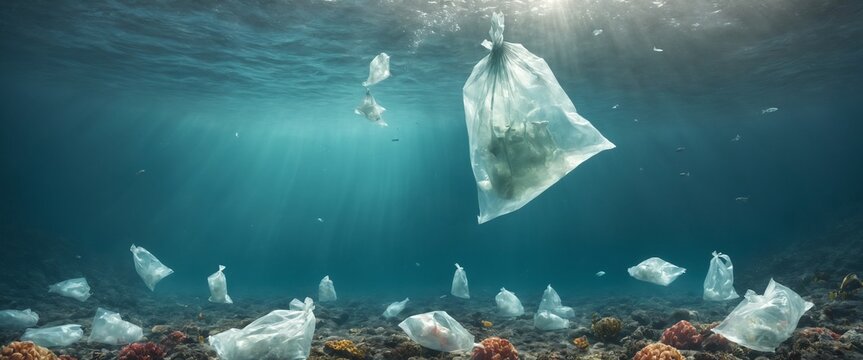 ocean plastic bags under the sea. The problem of ocean pollution with garbage.