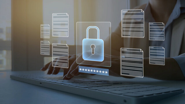 Secure document management concept featuring encrypted files, confidential business records, digital document protection, access control, cybersecurity, secure storage, compliance, and enterprise info