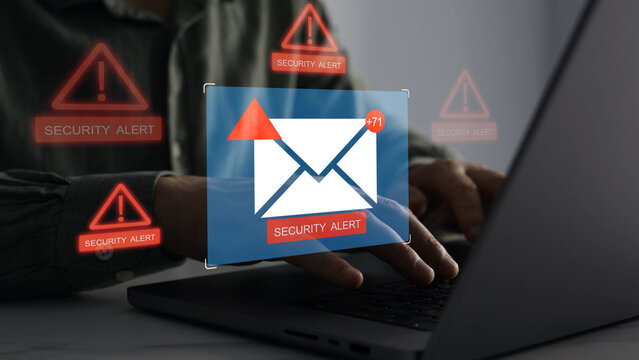 Email documents hacks, phishing attacks and virus alerts. Online fraud and cyber threats.Digital screen showing scam and spam emails.	
