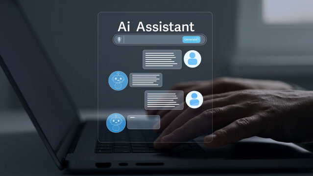 AI virtual assistant with chatbot interface helping users through real-time messaging. Modern business communication, automated support, intelligent responses and digital transformation concept.	
