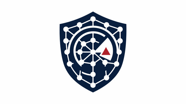Cybersecurity shield vector logo template. Network node data protection and radar detection concept isolated on white background.