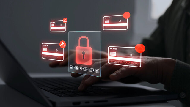Financial scam concept showing bank card fraud,mobile phone phishing and online payment risk. Security alert, data protection and identity theft warning in digital banking.	
