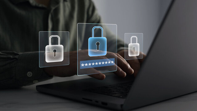 Secure padlock and password protection concept featuring digital security, authentication systems and online data safety.	
