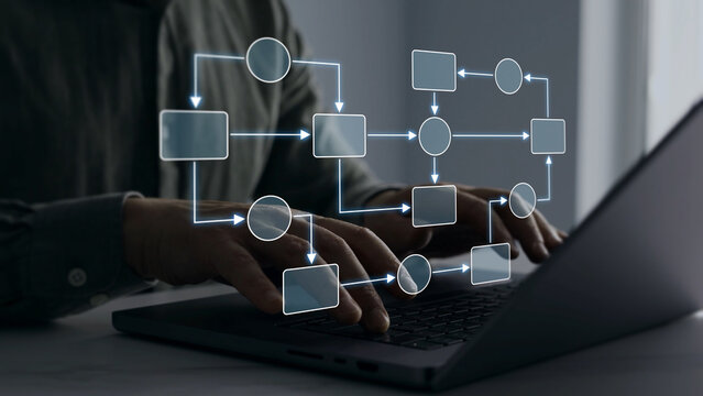 Scheme hierarchy management of corporate. Organizational chart company hierarchy,roles,team structure,showing connections between managers, employees,and departments for clear communication workflow.	