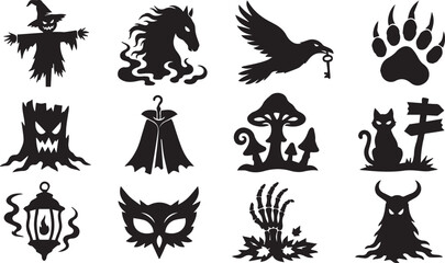 Fototapeta premium Set of spooky halloween silhouettes featuring scarecrows ghosts animals and mysterious forest elements for holiday design projects