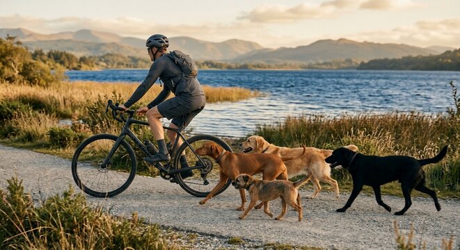 Cyclist riding a bicycle with four dogs along a scenic lakeside trail at sunset