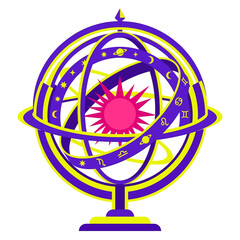 Obraz premium Purple and yellow armillary sphere with zodiac signs and a pink sun on white background