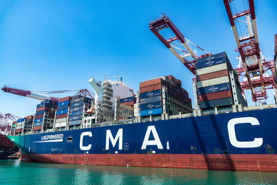 CMA cargo ship at the port of Barcelona, Catalonia, Spain