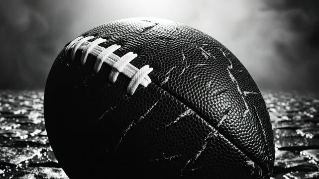 Dramatic close up of a worn football on a wet brick surface with a dark background