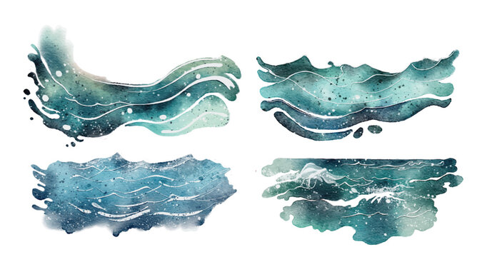 Watercolor sea wave illustrations with blue and teal splashes, white foam, and brush strokes on white background for marine design and ocean theme projects.