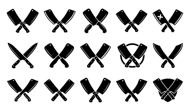 Crossed Butcher Knives Cleaver Icon Set Chef Kitchen Emblem Badge Silhouette Black Vector Illustration