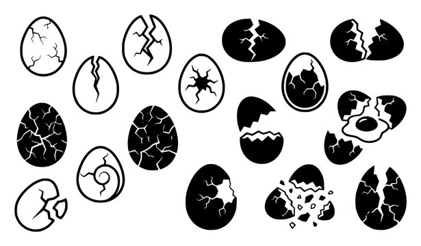 Cracked Egg Outline and Silhouette Set Broken Eggshell Fried Egg Icon Vector Illustration