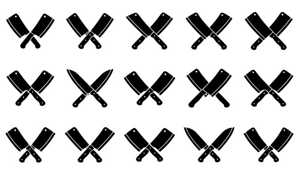 Crossed Cleaver Knives Icon Set Butcher Chef Kitchen Tool Emblem Silhouette Black Vector Illustration