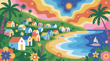 Obraz premium Vibrant beach village with colorful houses and palm trees under a psychedelic rainbow sky