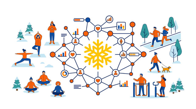 Dynamic vector infographic with active people doing winter sports around a network diagram, concept for corporate wellness, ideal for b2b marketing, HR campaigns and healthcare presentations.
