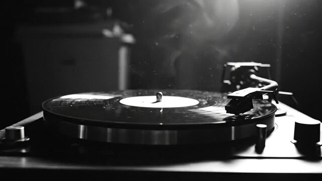 Black and white close up of a retro vinyl record spinning on a turntable in a dim room.