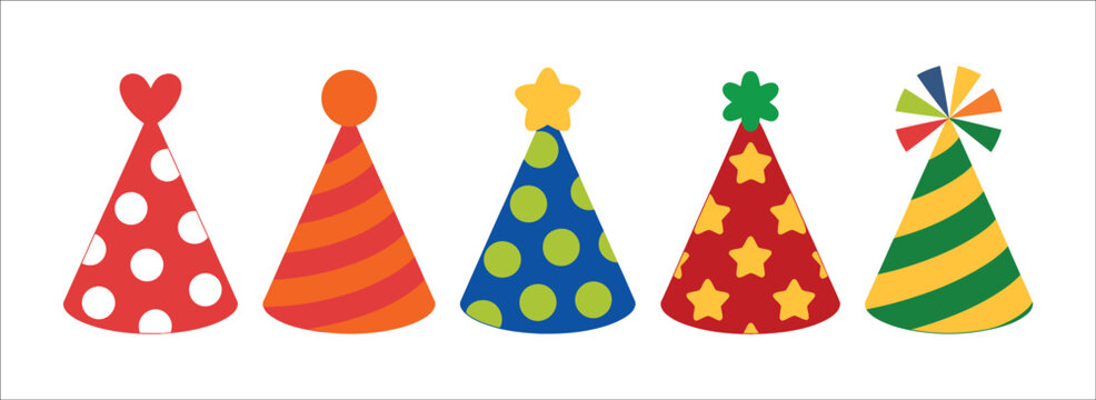 Party hat illustration set, colorful hand drawn birthday accessories, celebration festival and carnival clip art elements isolated on white background