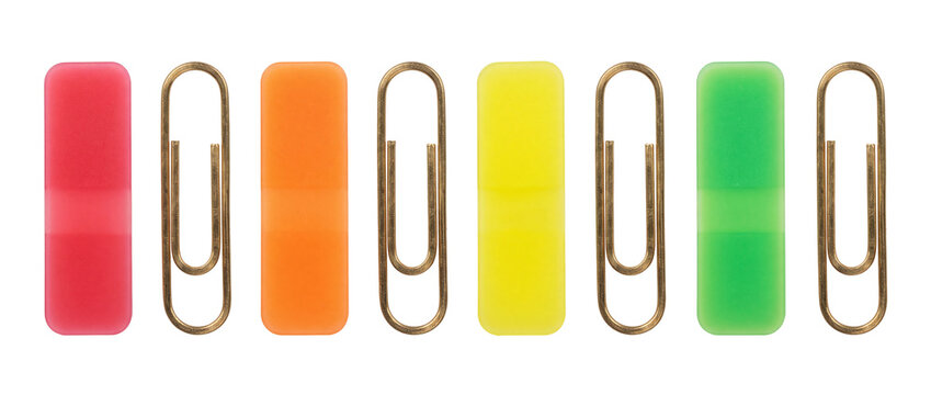 Colorful paper clips office supplies arranged in neat row on black background for business organization school stationery colorful neon erasers clips design layout minimal top view banner concept