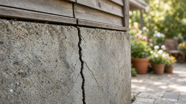 Structural Concrete Foundation Crack Indicating Potential Home Maintenance Issues and Repair