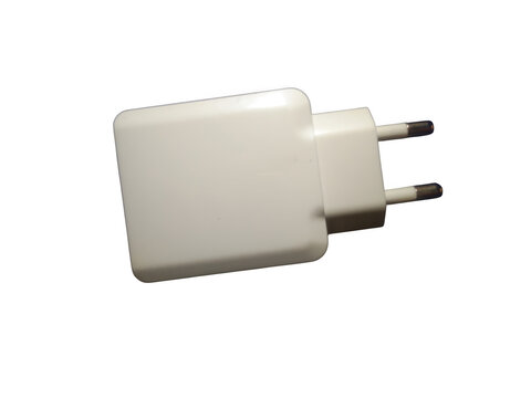 White wall phone charger adapter with european plug pins isolated on transparent background