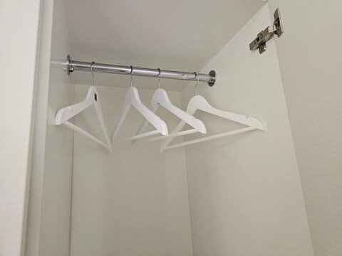 Empty closet with white hangers