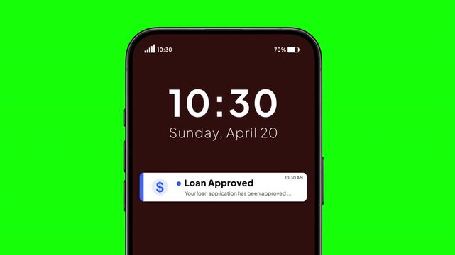 Loan Approved Notification Animation on Smartphone Lock Screen with Green Screen, Mobile Banking and Financial Application