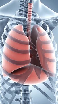 Human respiratory system showing lungs and trachea inside skeletal rib cage anatomy